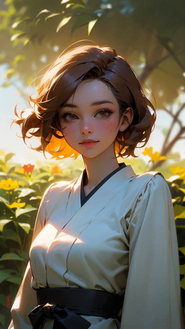 Cute 19 year old half Japanese, half Thai girl、garden、Super detailed face、Pay attention to the details、double eyelid、Beautiful thin nose、Sharp focus:1.2、Beautiful woman:1.4、(Light brown hair,Straight short hair),Natural hair blowing in the wind、Pure white skin、Highest quality、masterpiece、Ultra-high resolution、(Photorealistic:1.4)、Highly detailed and professional lighting、nice smile、Please show me your whole body、Cute Uniform、((1 image、No division))