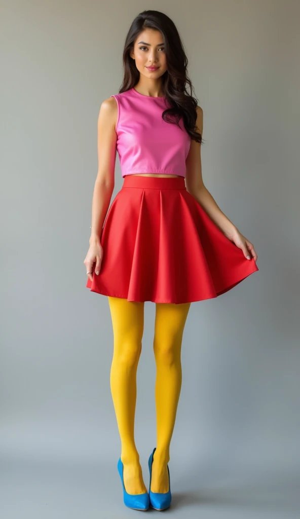 Charming young woman with pink leather top, red skirt, yellow stockings and blue heels.