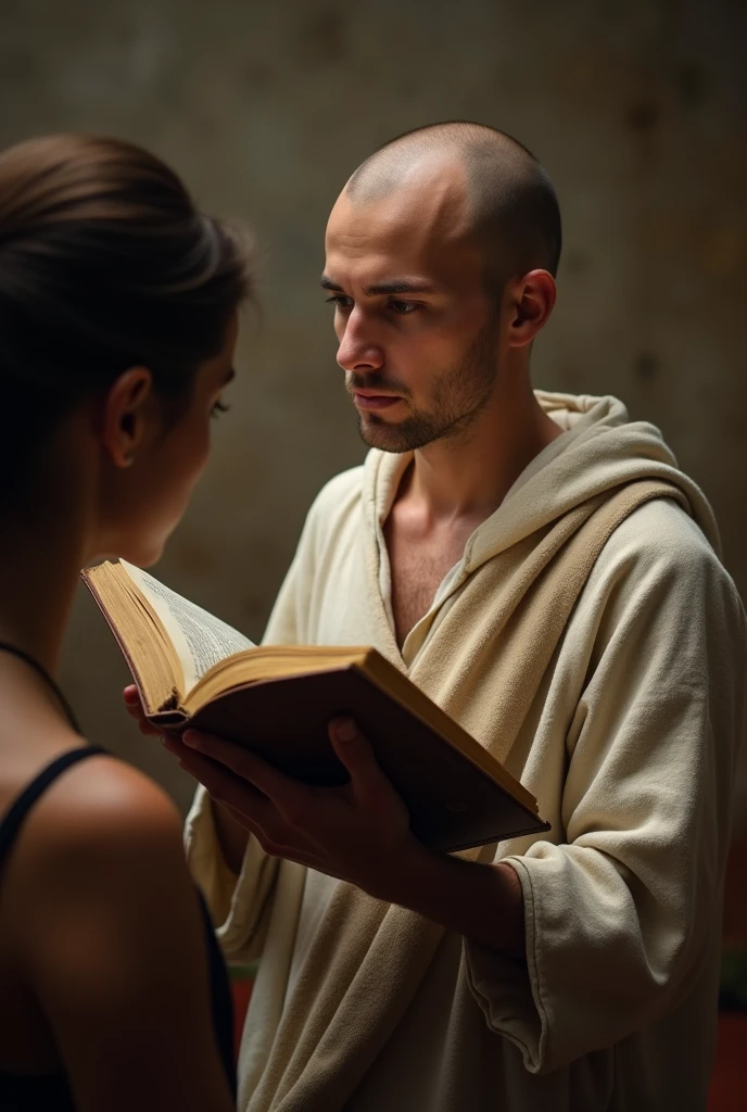 Bald young man with Bible in hand looking at woman 