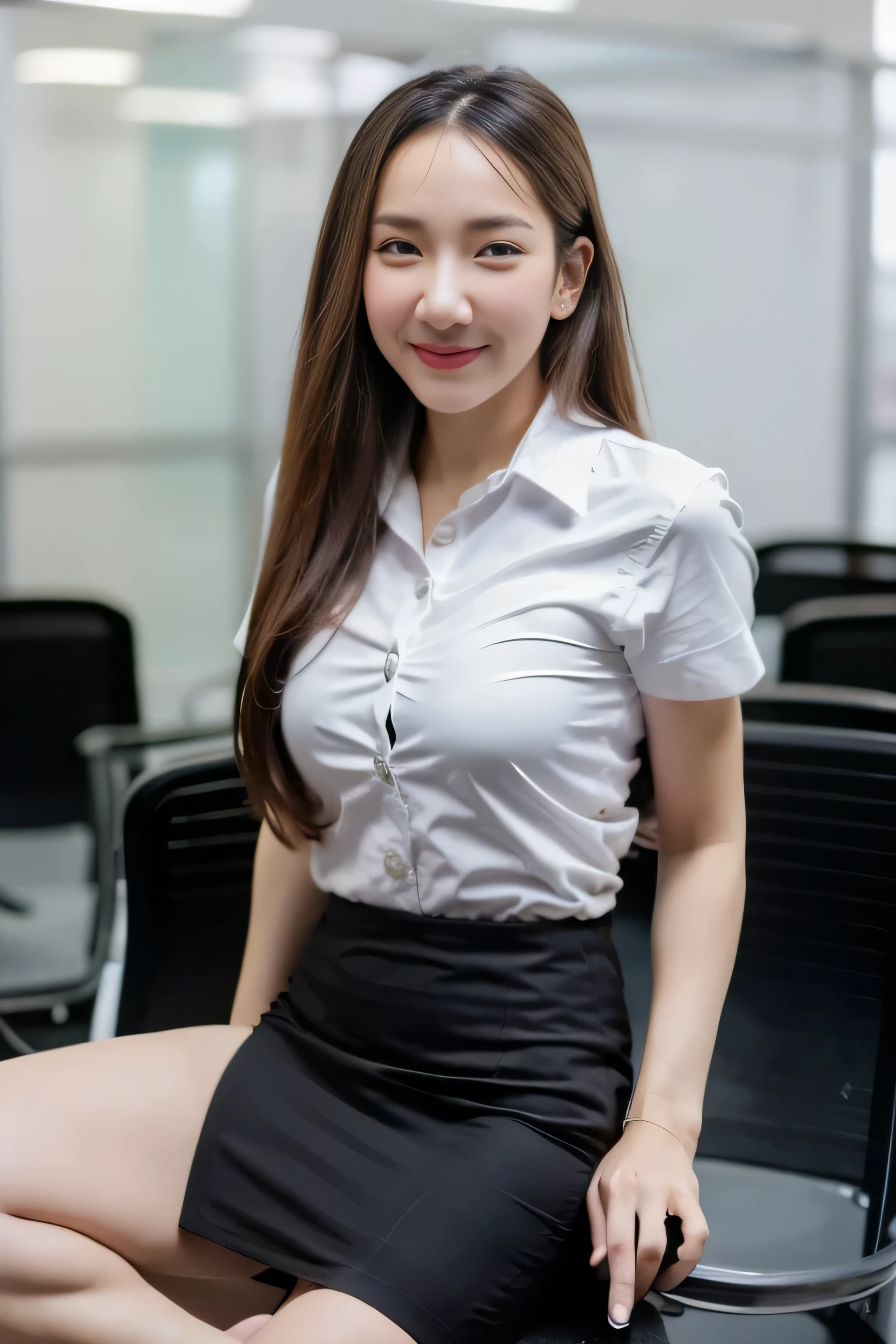 Close up,1 girl{{A beautiful woman wearing a white short-sleeved shirt and a short black pencil skirt}} , striking a sexy pose. with several lecture tables set up behind it There is a sliding glass window. There was evening light streaming into the room.