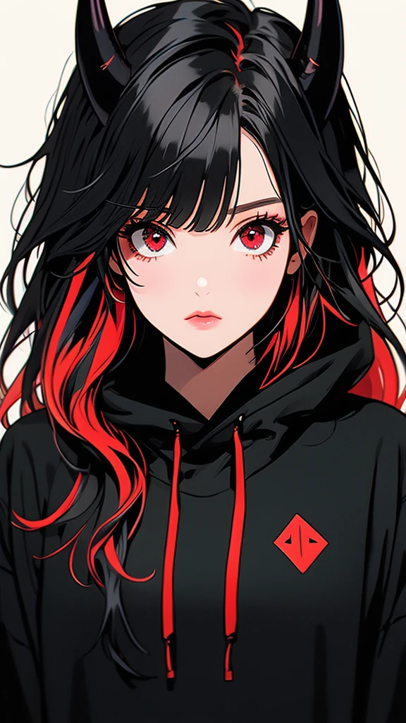a girl with black, red, and multicolored hair, red eyes, wearing a black hoodie with bangs, horns, looking at viewer, long hair, against a simple black background, upper body