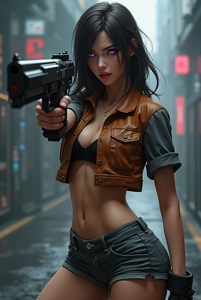 dark brown hair，purple eyes，Brown jacket and gray short sleeves，Gray lower body shorts，technology，flat chest，holding a gun，Beautiful 5 heads body