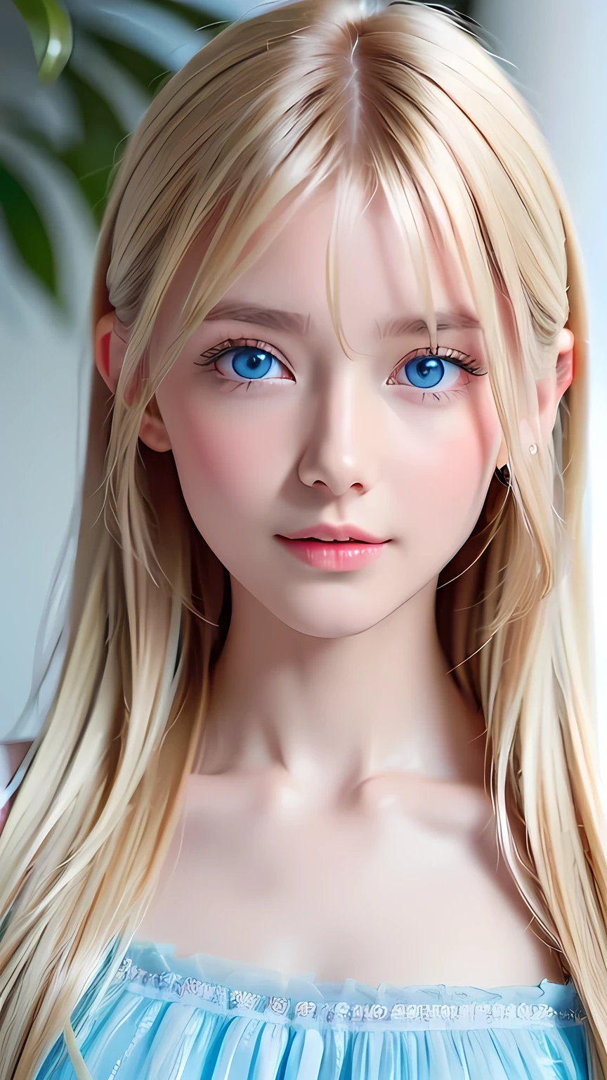 True Photo Quality、A beautiful girl、Extraordinary sexy beauty、Beautiful calm and bright expression、Sexy refreshing look、Perfect beautiful pretty face with bangs、Bangs between the eyes、Super long blonde straight silky hair、blonde on a beautiful face、Very cute beautiful sexy young little woman、Very perfect beautiful cute face、Beautiful, shining, very bright sky blue eyes、Very big eyes、Hair above the eyes、片Hair above the eyes、Hair between the eyes、Very radiant white skin、Cheek gloss、Small Face Beauty、round face