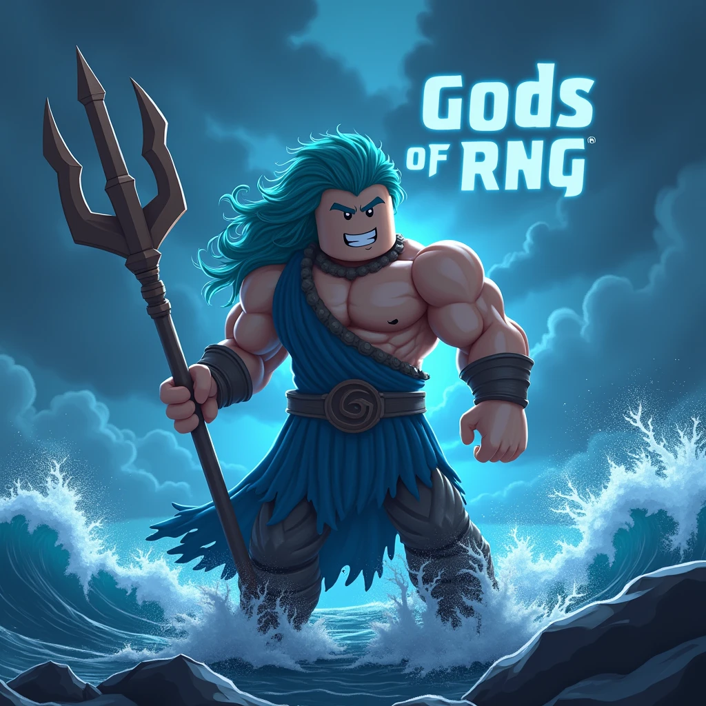 Posidon with his trident fighting a strom at night as a roblox character and hide his nipples ( add text saying “gods of rng” in the background and make it big)