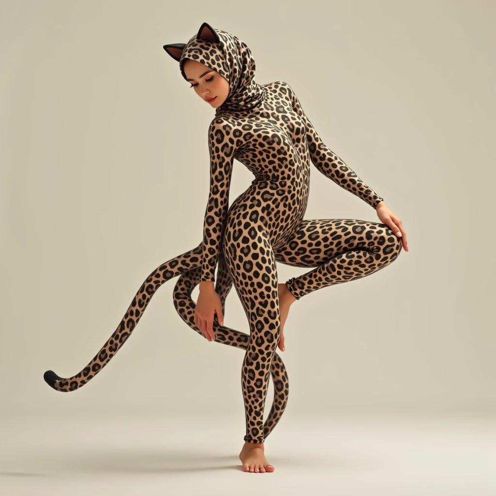 The beautiful muslimah contortion adult girl contortionist with beautiful cheeks wears leopard print full lycra dancewear turtleneck unitard catsuit with a tail and leopard lycra elastane dancewear hijab with a pair of ears.