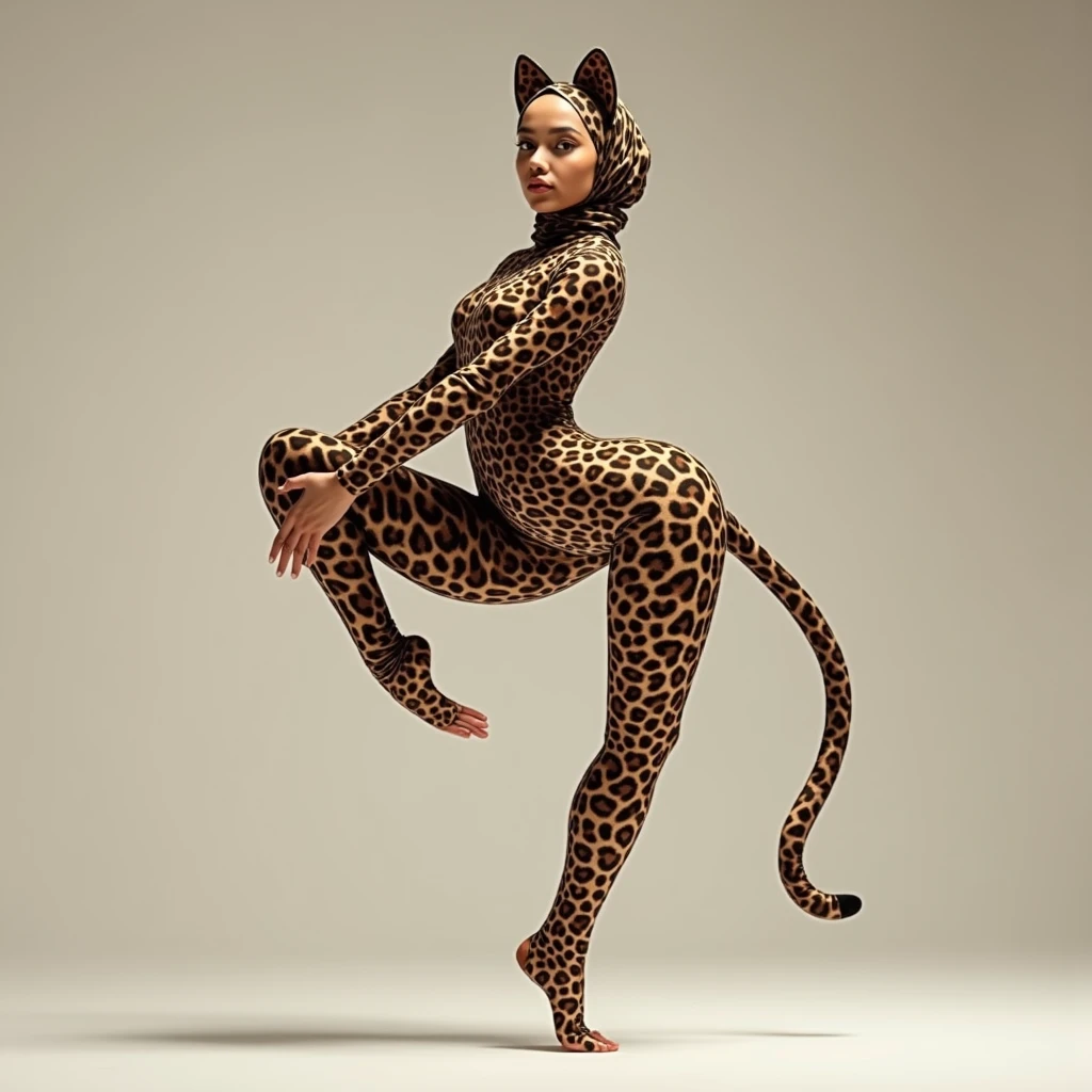 The beautiful muslimah contortion adult girl contortionist with beautiful cheeks wears leopard print full lycra dancewear turtleneck unitard catsuit with a tail and leopard lycra elastane dancewear hijab with a pair of ears.
