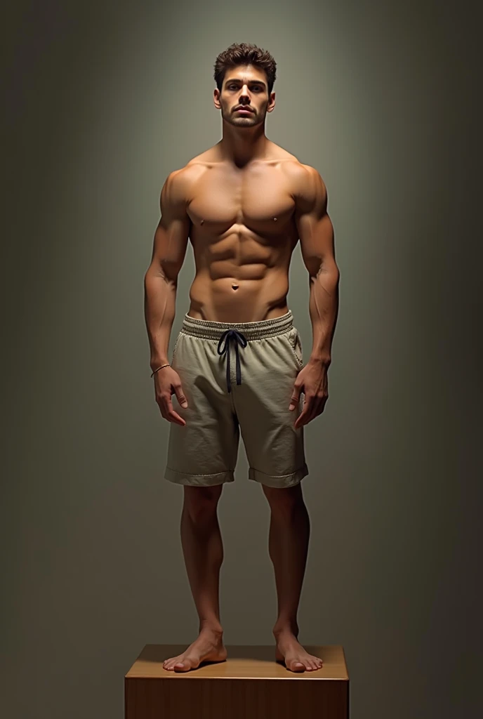 Vista frontal of a 20-year-old male model standing confidently on a wooden pedestal, shirtless, pantless, and barefoot. Art style inspired by Kevin Sloan's work. The model's athletic, toned physique is rendered in divine proportions, with brown short hair, brown eyes, a straight nose, thin lips, and a square chin. His face exudes a hard, masculine gaze, and his large eyes seem to hold an inner intensity. The background features a subtle, soft light that highlights the subject's defined muscles, creating a photorealistic masterpiece. The overall composition is perfect, with intricate details and vivid colors that pop in ultra-high definition.