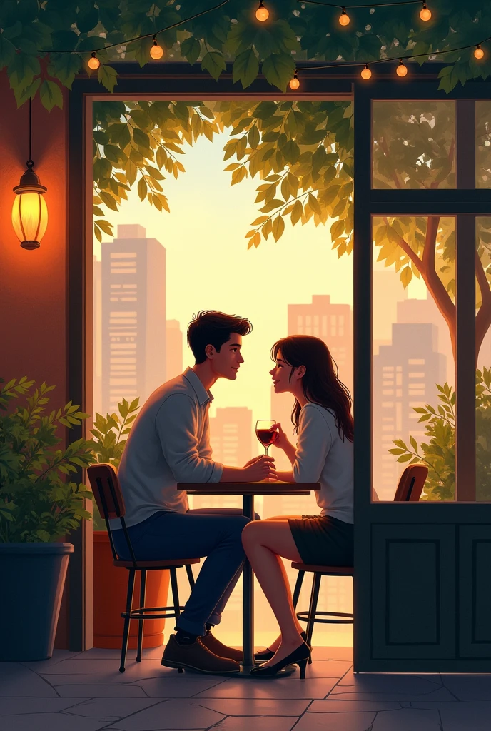 A city café terrace, a couple cuddling, looking at each other and smiling, a soft impression, a happy scene,