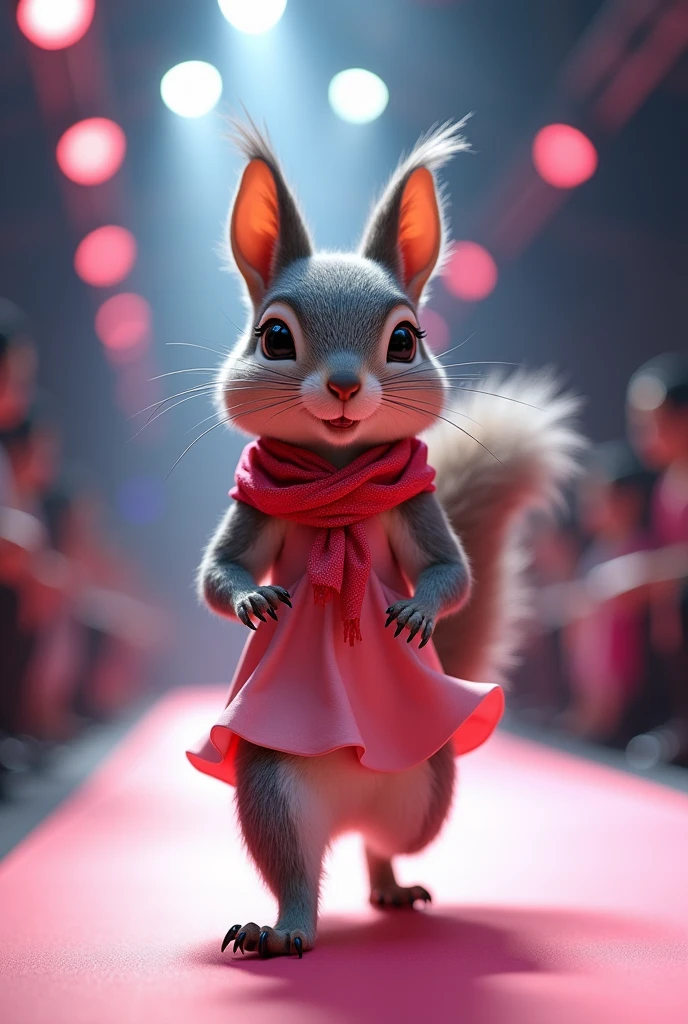 A beautiful squirre wearing pink and red cloth walking down the runaway at a fashion show