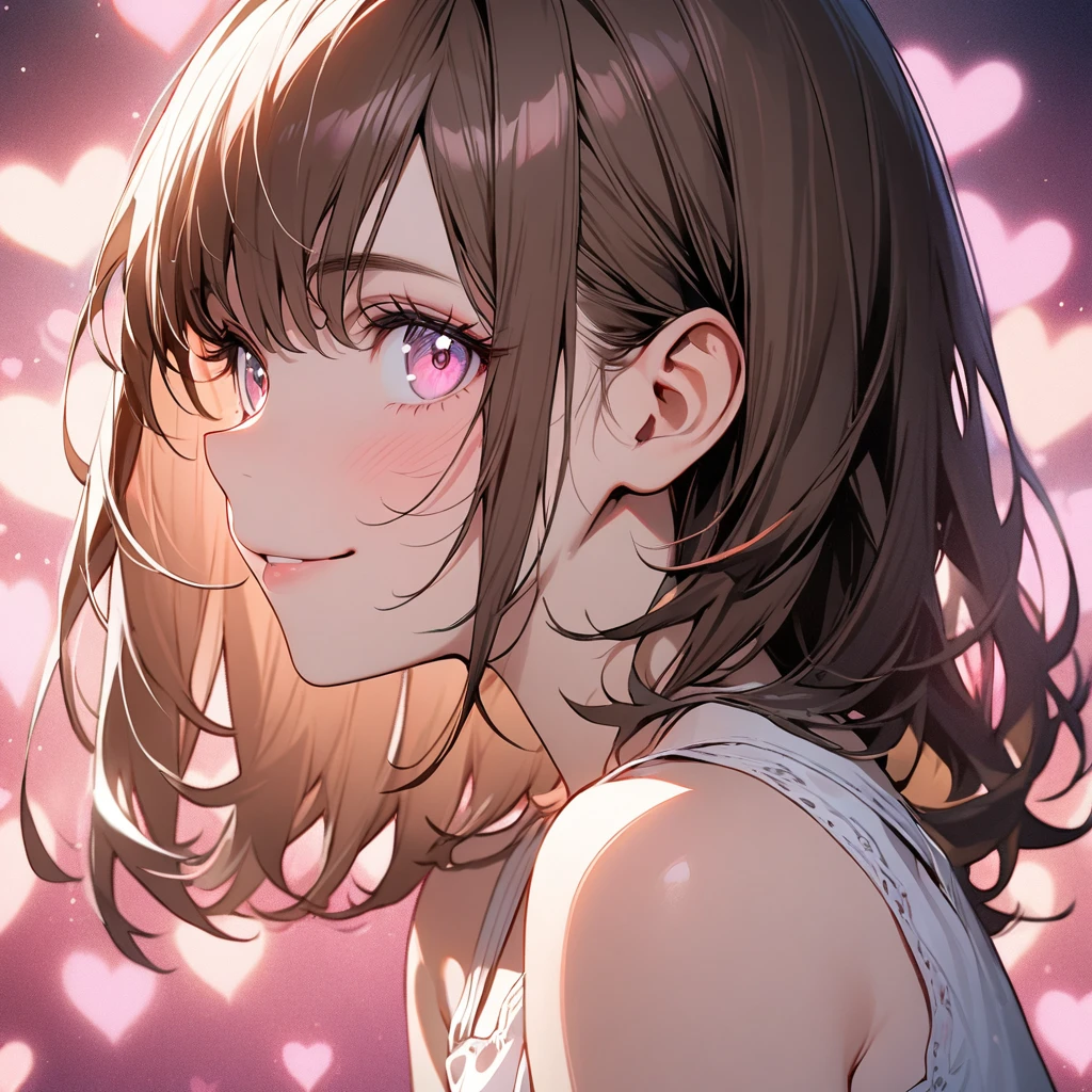1 girl,solo,close-up shot of ear to neck,ultra-detailed face,detailed eyes,pink eyes,Captivating Eye Reflections,Meticulous Eyelash Details,short hair,straight hair,Glossy brown hair,white camisole,from side,Butterfly Lighting,smile,(pink fluttering-heart background),highly detailed illustration,masterpiece,8K,top quality