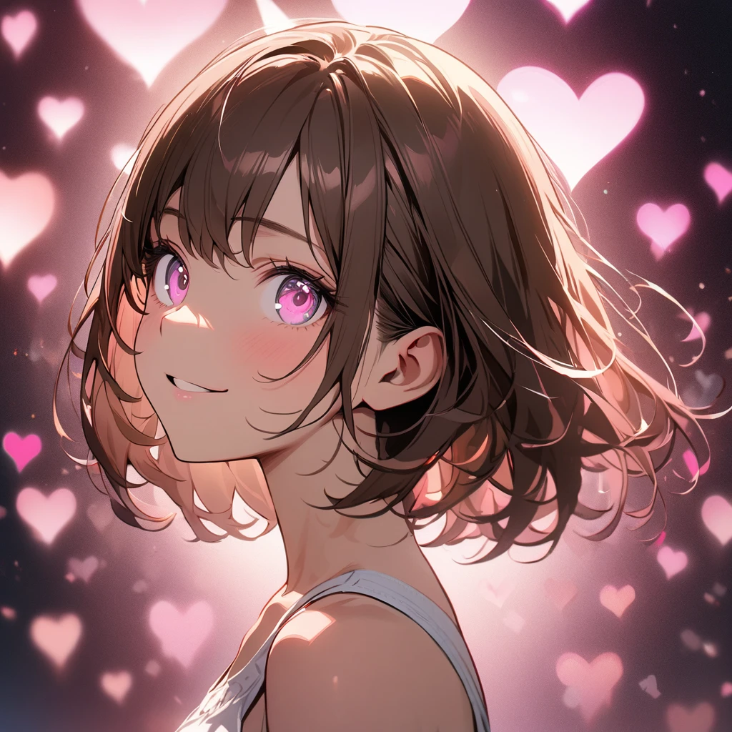 1 girl,solo,close-up shot of ear to neck,ultra-detailed face,detailed eyes,pink eyes,Captivating Eye Reflections,Meticulous Eyelash Details,short hair,straight hair,Glossy brown hair,white camisole,from side,Butterfly Lighting,smile,(pink fluttering-heart background),highly detailed illustration,masterpiece,8K,top quality