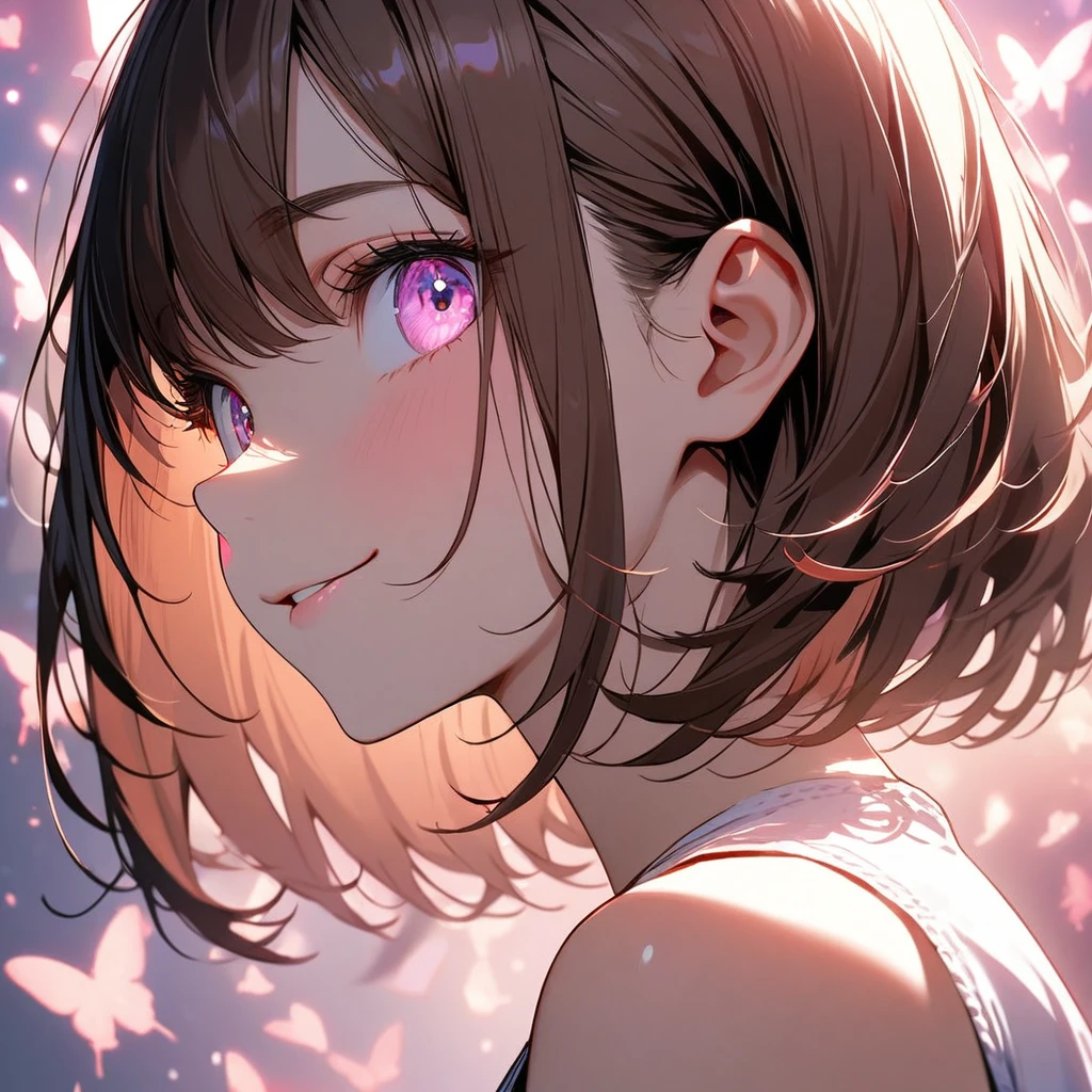 1 girl,solo,close-up shot of ear to neck,ultra-detailed face,detailed eyes,pink eyes,Captivating Eye Reflections,Meticulous Eyelash Details,short hair,straight hair,Glossy brown hair,white camisole,from side,Butterfly Lighting,smile,(pink fluttering-heart background),highly detailed illustration,masterpiece,8K,top quality