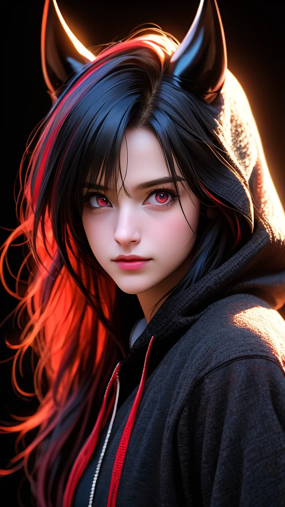 A shy smiling girl with black, red and multicolored hair, red eyes, wearing a black hoodie with bangs, horns, looking at viewer, long hair, against a simple black background, upper body, (best quality,4k,8k,highres,masterpiece:1.2),ultra-detailed,(realistic,photorealistic,photo-realistic:1.37),detailed portrait,digital painting,highly detailed,dark,dramatic lighting,cinematic,moody,atmospheric