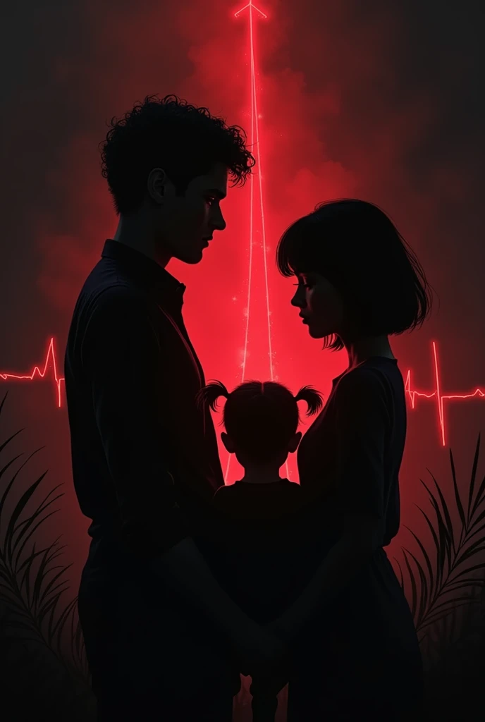 black and white silhouette, red heartbeat line, dark background, In the middle of the heartbeat line a family is formed, dad short curly hair, Mom with shoulder length straight hair and a 3 month old female baby with 2 pigtails in her hair, Dark fantasy type scene