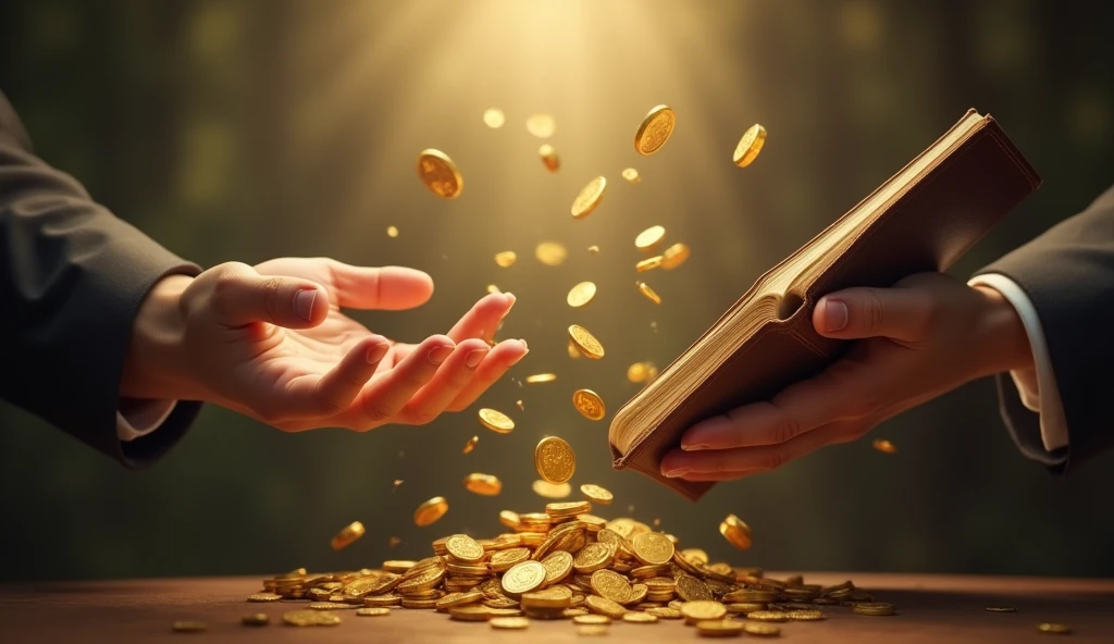 Create a hyper-realistic and mysterious image of a lone hand trying to hold a bunch of gold coins that slip between the fingers, while the other hand firmly holds a book of wisdom. The hand holding the gold must be leaking the coins, showing the difficulty of maintaining wealth without wisdom, while the book is held firmly, symbolizing the stability that knowledge brings. The background should be softly blurred, with a golden light that illuminates the hands and coins, creating a dramatic contrast between the volatility of gold and the solidity of the book.