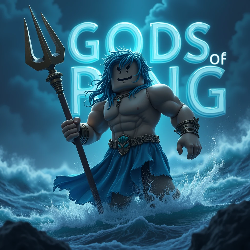 Posidon with his trident fighting a strom at night as a roblox character and hide his nipples ( add text saying “gods of rng” in the background and make it big)