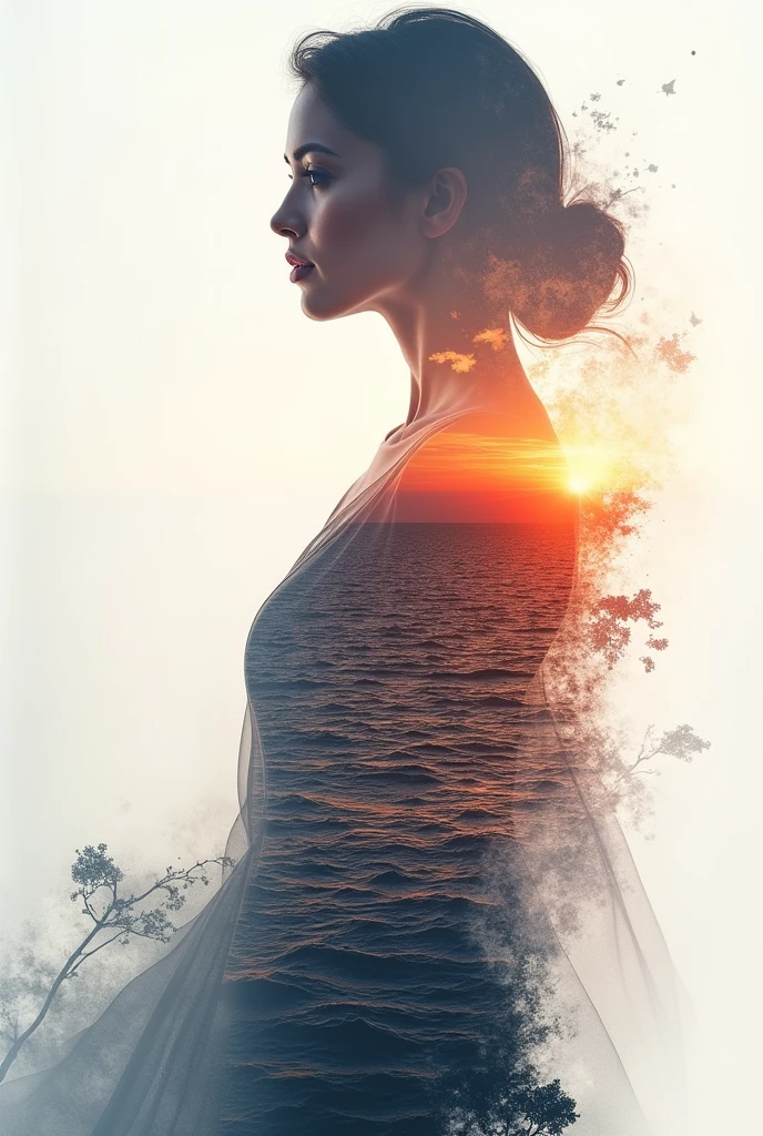 high quality, 8K Ultra HD, A beautiful double exposure that combines an goddess silhouette with sunset coast, sunset coast should serve as the underlying backdrop, with its details incorporated into the goddess , crisp lines, The background is monochrome, sharp focus, double exposure, by yukisakura, awesome full color,