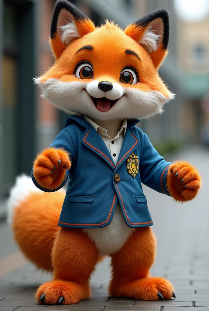 Generates an image of a person dressed as a fox as the mascot of the JUNIN high-performance school With the blue blazer representative of the COAR JUNIN Realistic as if a person were wearing the costume