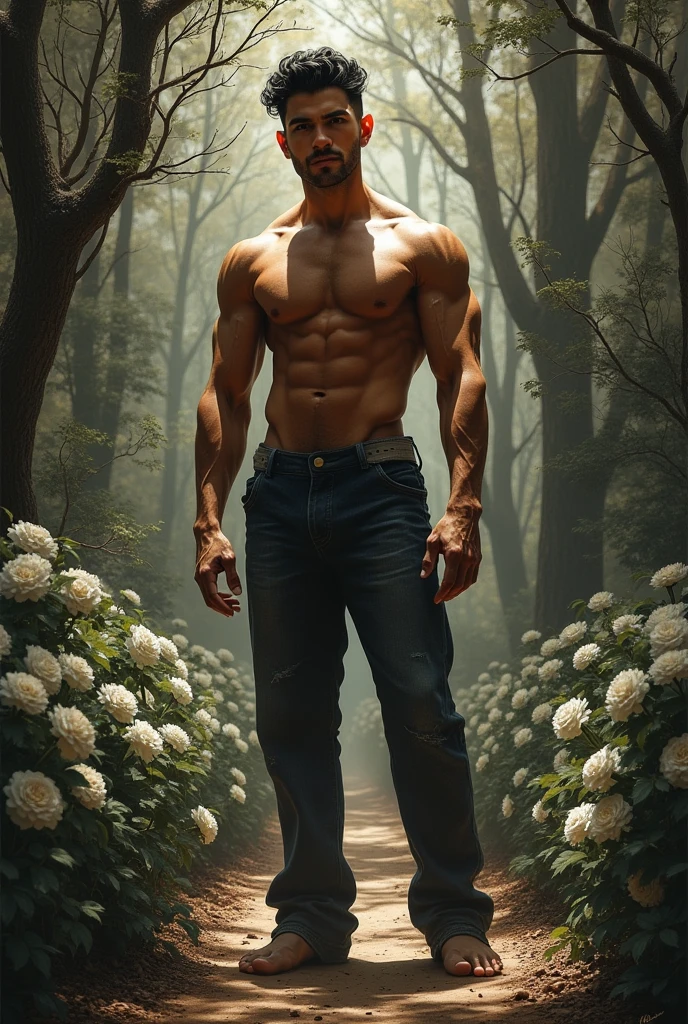 ((front view fulllbody)) In leng jun art style ( front view ) fullbody, 1man, shirtless, pantless, wearing white thongs, barefoot, standing on the floor, An fullbody portrait, view from behind |ultradetailed color pensil drawing, ((low angle view, storbe lighting,becoming the subject composition )) fullbody, A 4 man, latino, cinnamon skin, thin face, straight nose, thin lips, square chin, large black eyes, short black, wavy hair, in roberto ferri style, aesthetic slim athletic body, very tall, latino, realistic skin, gorgeous, realistic detailed tonned muscles, barefoot, perfect anatomy, muscled fitness body, 195cm tall, realistic skin, skinny realistic detailed muscles, ((detailed feet), detailed hands, detailed face, He is naked , standing in the background ultradetailed intricated garden with trees with white flowers (masterpiece, top quality, best quality, official art, beautiful and aesthetic:1.2), (1naked man:1.4), portrait, extreme detailed, highest detailed, simple background, 16k, high resolution, perfect dynamic composition, bokeh, (sharp focus:1.2), super wide angle, high angle, high color contrast, medium shot, depth of field, blurry background,potma Still,DonMn1ghtm4reXL,ink ,style, UHD, 8K, intricate, highly detailed, perfect volumetric light, epic light, urban art masterpiece, charcoal drawing, intense colors, vibrant colors, chromatic aberration, vintage style, abstract, ((down body)), vintage_p_style, sensual, mysterious, powerful aura,vintage_p_style,GLOWIN
