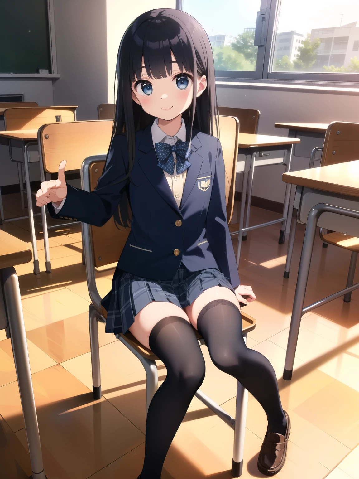 masterpiece, Highest quality,,Small, young and cute、、1 girls、((Black Hair、Long Hair))、Grey Eyes、((((Small breasts、Flat Chest,Too thin, too skinny、Micro Mini))))、Open your mouth,((((Sitting cutely on a chair)))),classroom、((((smile)))),((Favorability))、((((Detailed facial depiction,Beautiful Eyes)))) ,((((school uniform、Navy blue blazer、Checkered pleated mini skirt、Black knee-high stockings、loafers)))),((cute pose)),