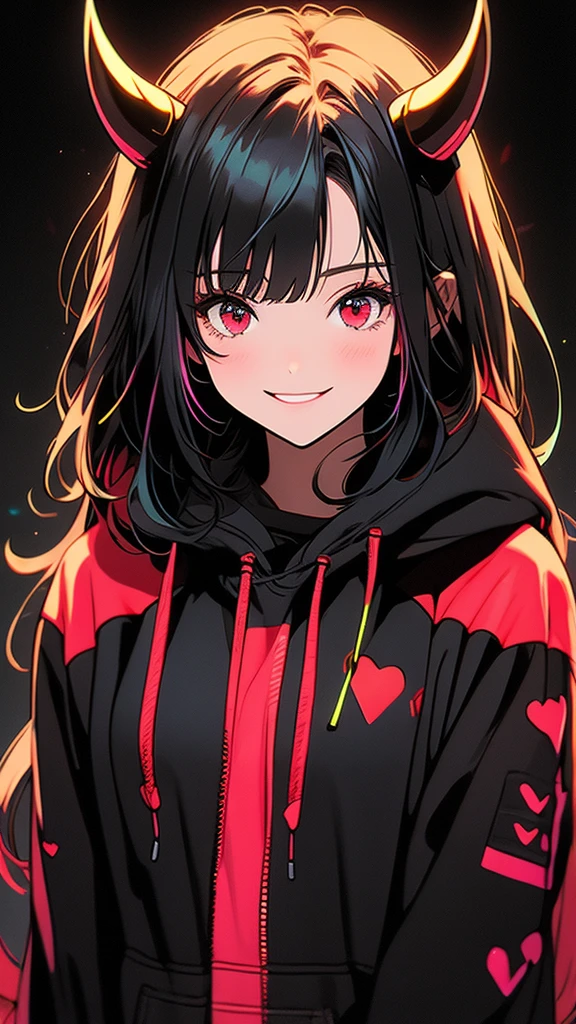 A shy smiling girl, black and multicolored hair, red eyes, black hoodie, bangs, horns, looking at viewer, long hair, simple black background, upper body, neon hearts