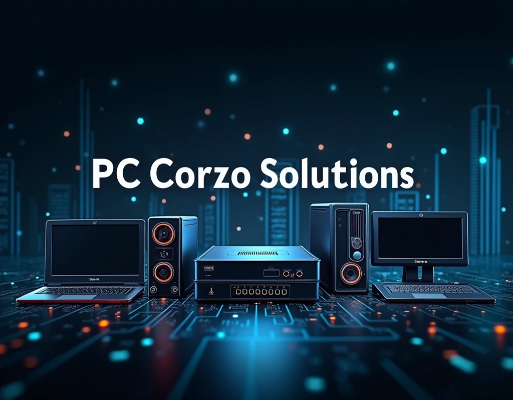 A professional and modern Twitter banner featuring a collection of key technology equipment, like laptops, desktops, routers y switches. The devices are arranged harmoniously, creating a balanced and visually appealing composition. The image uses a sophisticated color palette, With shades of blue, gray and black, that evoke technology and professionalism.

In the center or in a prominent position, the phrase &#39;PC Corzo Solutions&#39; is found in a modern and legible font, with an elegant style that immediately catches your attention. The phrase is highlighted with a subtle glow or shadow effect., ensuring that it remains the focal point of the banner.

The banner background can incorporate a technological design, such as stylized printed circuits or abstract geometric patterns, that complement the devices without overloading the image. The lighting is soft, with strategic highlights on devices that add depth and a professional touch.

Design conveys innovation, trust and professionalism, Positioning &#39;PC Corzo Solutions&#39; as a leader in technological solutions.

