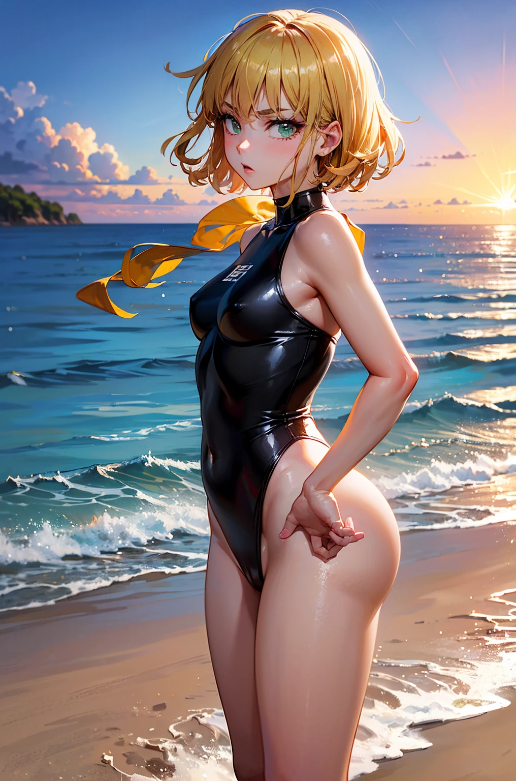 (masterpiece, beach scene at sunset:1.3), (Тацумаки из One Punch Man:1.2), (стоя на своем росте 150 сантиметров с FINE распределенным весом 45 кг.:1.2), (beautiful proportional body with small breasts and medium size., solid, and round buttocks:1.2), (physical slimness:1.1), (I&#39;m walking along the beach when the hijacking occurs:1.2), (turning away from the camera, but turning around with a short laugh out of the corner of his mouth:1.2), (the photo was taken from her back:1.5), (wear a very small bikini top and bottom:1.5), (capturing the enchanting lighting of the sunset:1.1), (enhancing the beauty of her green-colored hair:1.3) Hyper-detailed, crazy details, beautifully color-graded, unreal engine, INFLUENZA, Super resolution,Megapixel, cinematic lightning, Smoothing, FINE, thai, RTH,So,Post-processing, Post-production stage, Tone mapping, computer graphics, visual effects, SFX, incredibly detailed and confusing , hypermaximalist, гиперrealistic, volume, Фотоrealistic, Ультра фотоrealistic, ultra-detailed, complex parts,8 K, super detailed , full color, volume lightning, HDR, realistic, unreal engine, 16 thousand., Sharp Focus. Octane render