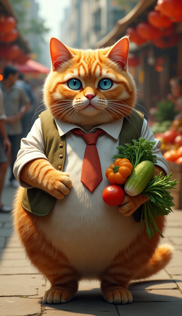 Make a picture of a fat, obese orange cat with blue eyes, flat nose, facing the camera, wearing a cool shirt and tie, carrying vegetables with a market background, wide, full body, 8k super realistic