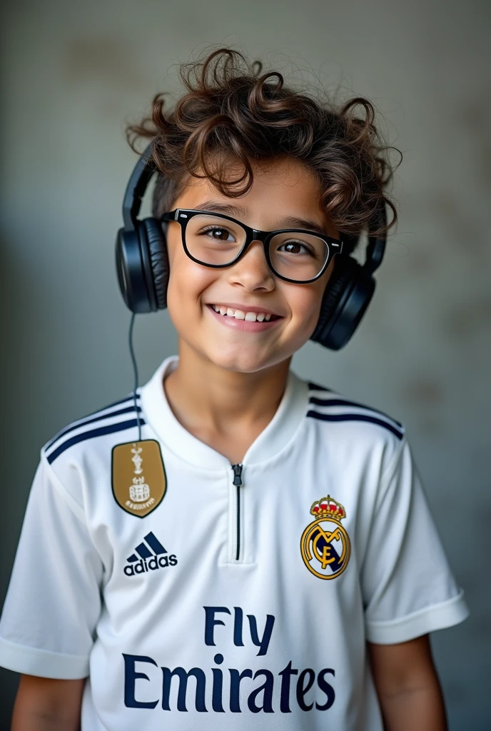 boy with glasses, Real Madrid shirt and headphones on