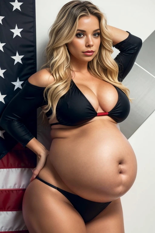 American woman, wavy blonde hair, is wearing a black bikini but only on the lower part of her body, and a red crop top with the American flag, and has a large prominent pregnant belly and has a large bust, and wide hips.
