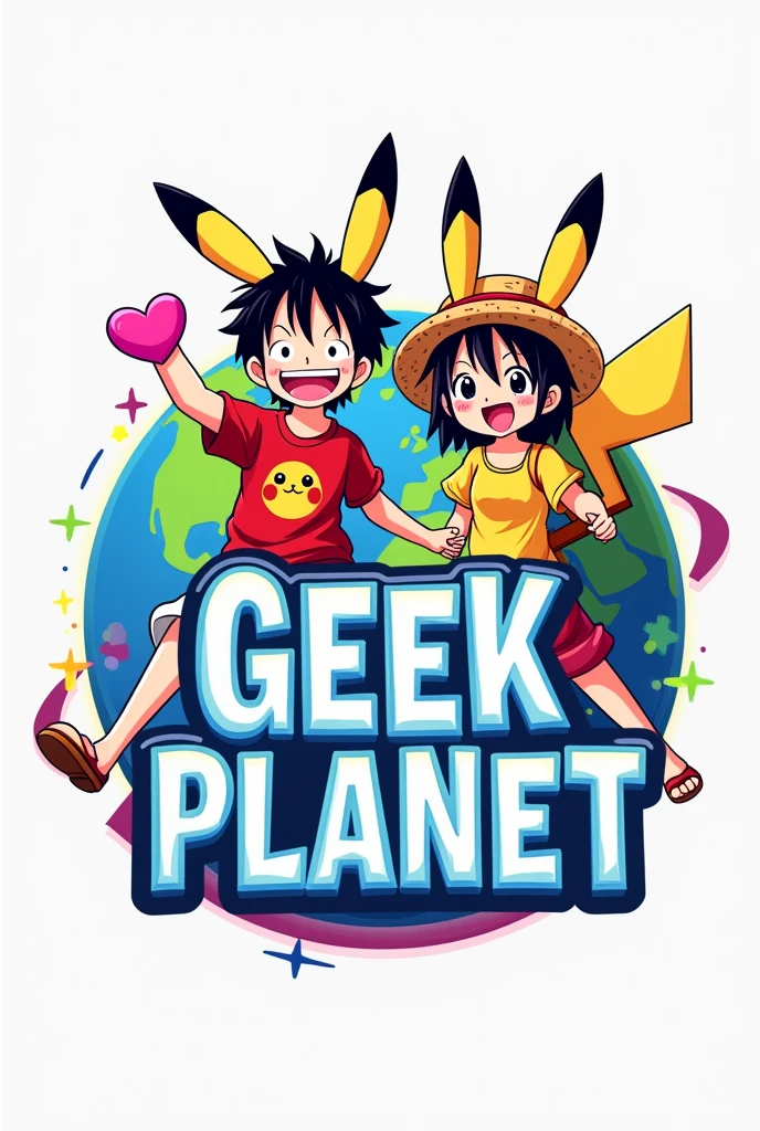 Un logo con un 🌎 en el fondo, combined with pink heart star symbol and crescent moon with purple on the top left in bright colors, Two anime figures, one of a boy with wavy hair and the other of a girl with straight hair., Pikachu ears and Pikachu t-shirt and with Luffy&#39;s hat from One Piece,  and have in the middle the name geek planet with a white background