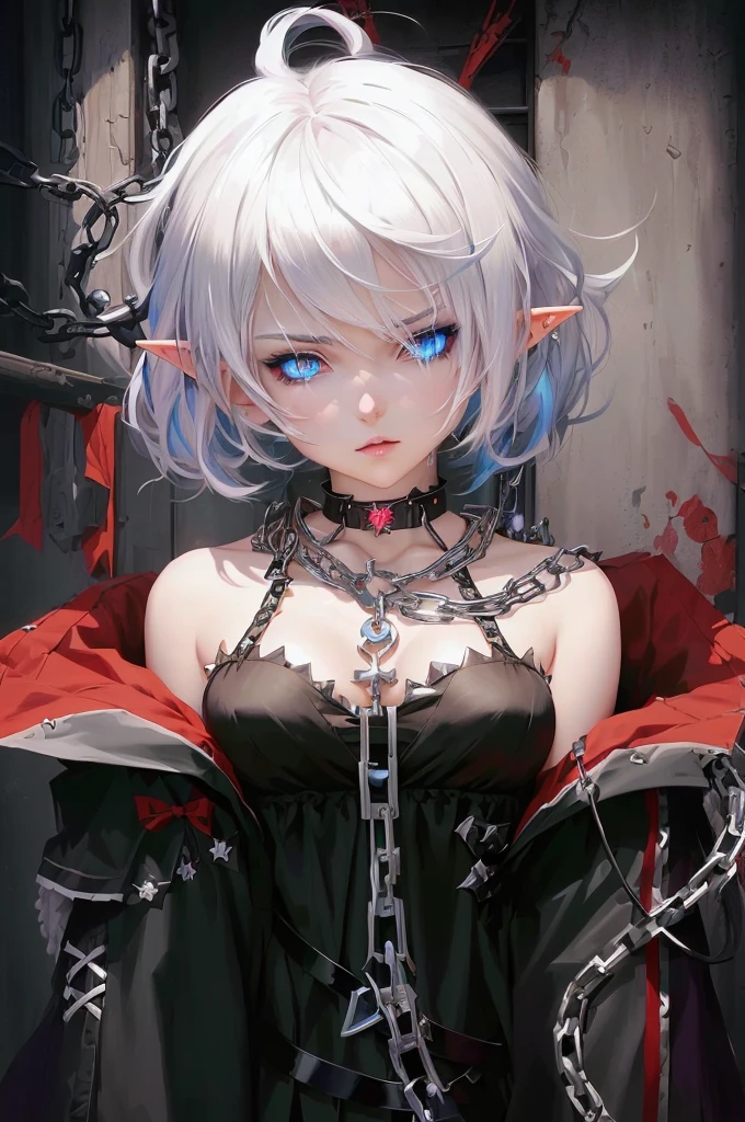 anime girl with white hair and black and blueish eyes wearing a chain around her neck, elf anime girl, gapmoe yandere grimdark, laying down on grass 