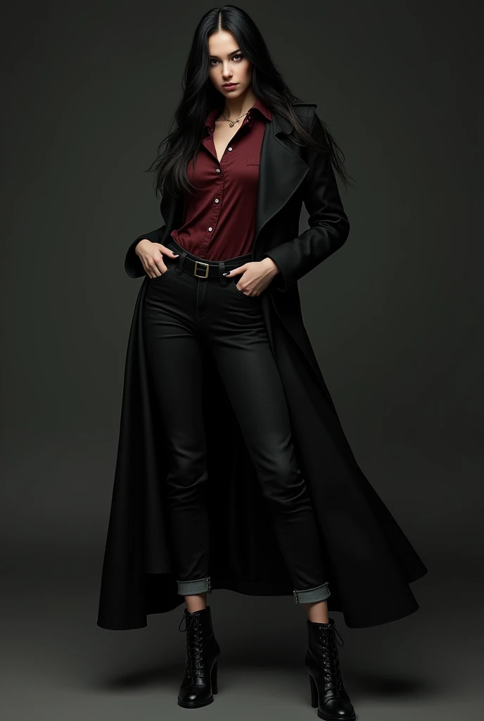 a black-haired woman, white skin dressed in black jeans, wine red shirt, black chunky heel boots and black coat