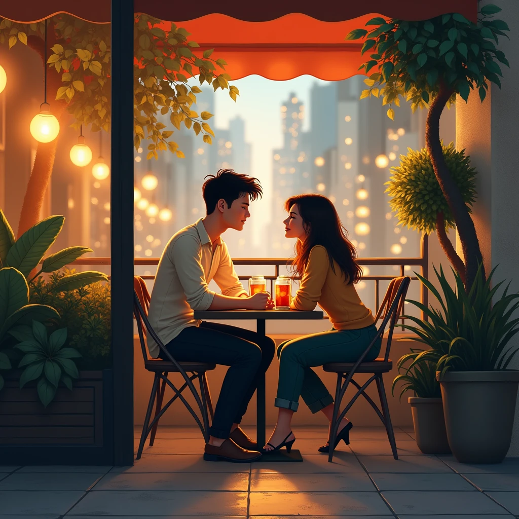 A city café terrace, a couple cuddling, looking at each other and smiling, a soft impression, a happy scene,
