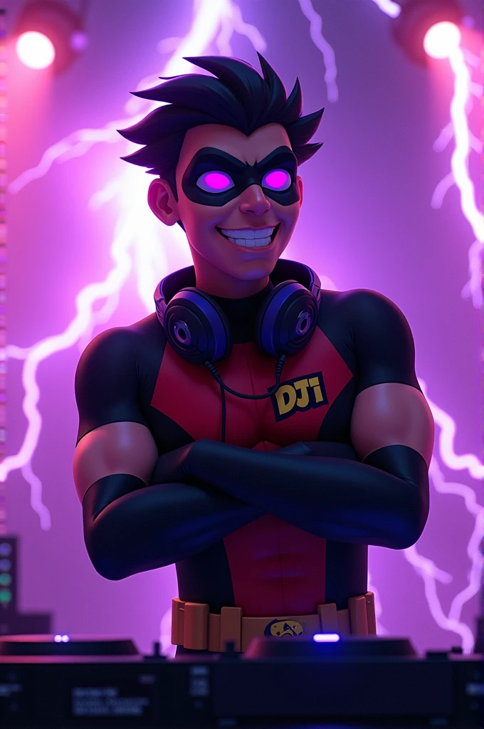 The character Robin from Teen Titans in action is a DJ, Robin wears black clothes, without gloves, has the name "Dj Nego Beat's" printed on his chest and has his arms crossed, a headphone around his neck, his face is happy, Robin is in a lightning purple place, his eyes are very bright purple