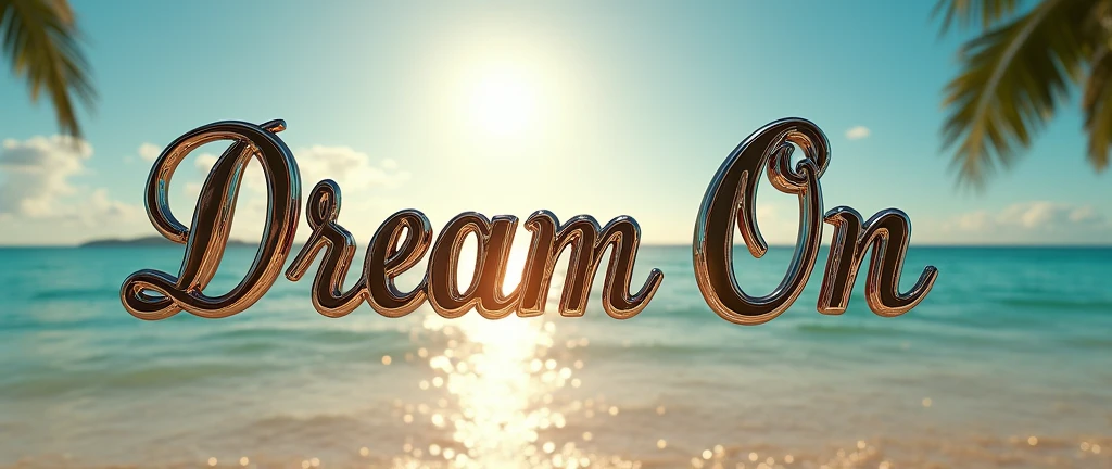 (text:"Dream On") The word, straight view sunlit text face, in Art Nouveau fancy thin script style, shiny highly polished silver chrome and thin coloured glass reflecting a tropical beach, heavy metal art nouveau flowing shapes and flourishes, front face view on open background, logo, badge, emblem, insignia, label, photorealistic, extremely detailed, beautiful, unique, epic, creative, artistic, artisan, expert, finesse,