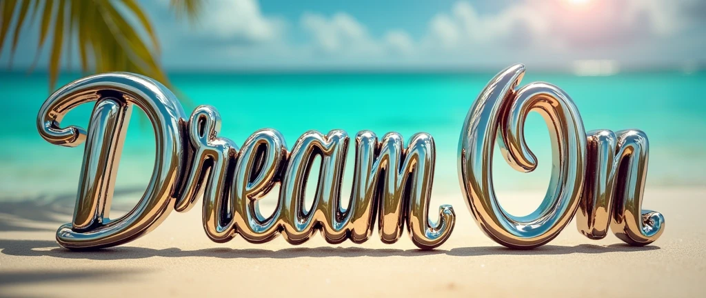 (text:"Dream On") The word, straight view sunlit text face, in Art Nouveau fancy thin script style, shiny highly polished silver chrome and thin coloured glass reflecting a tropical beach, heavy metal art nouveau flowing shapes and flourishes, front face view on open background, logo, badge, emblem, insignia, label, photorealistic, extremely detailed, beautiful, unique, epic, creative, artistic, artisan, expert, finesse,