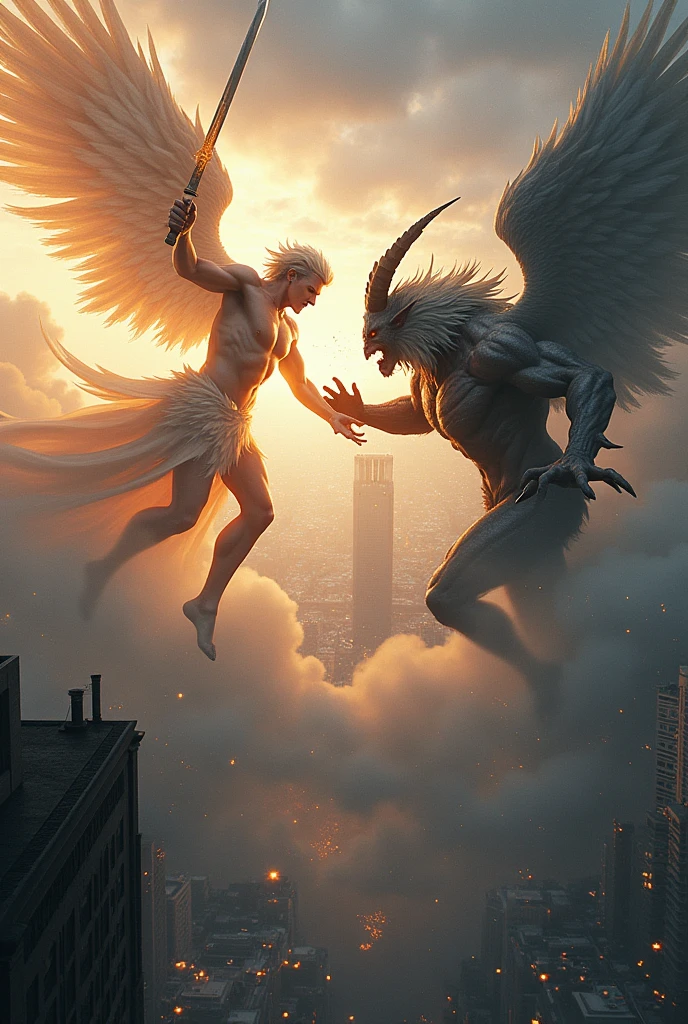 Create an image of a fight between an angel and a demon over a city