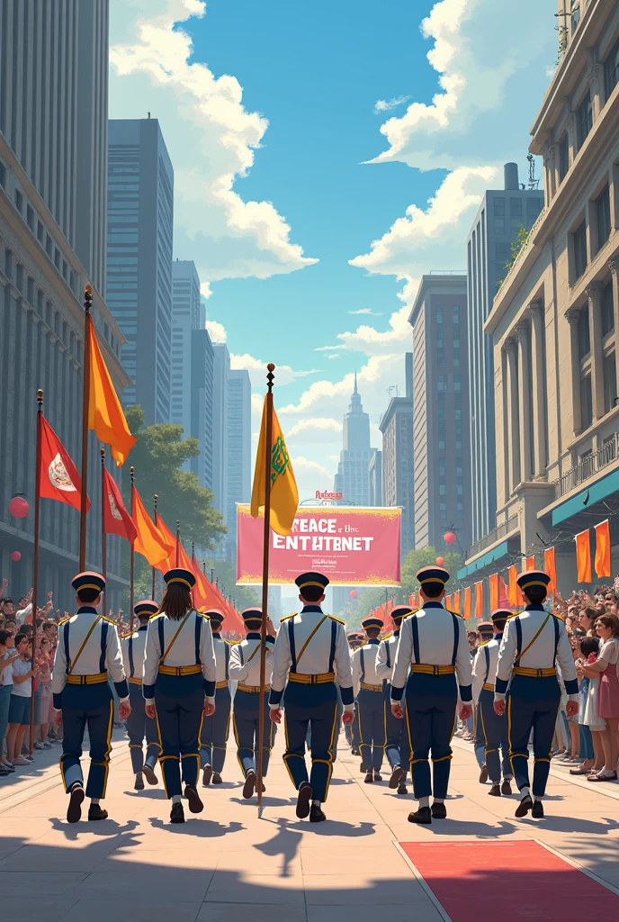 an image of a civic parade where the theme of a platoon is peace and internet 