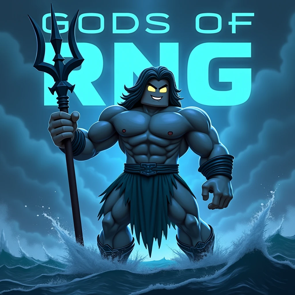 Posidon with his trident fighting a strom at night as a roblox character and hide his nipples ( add text saying “gods of rng” in the background and make it big)