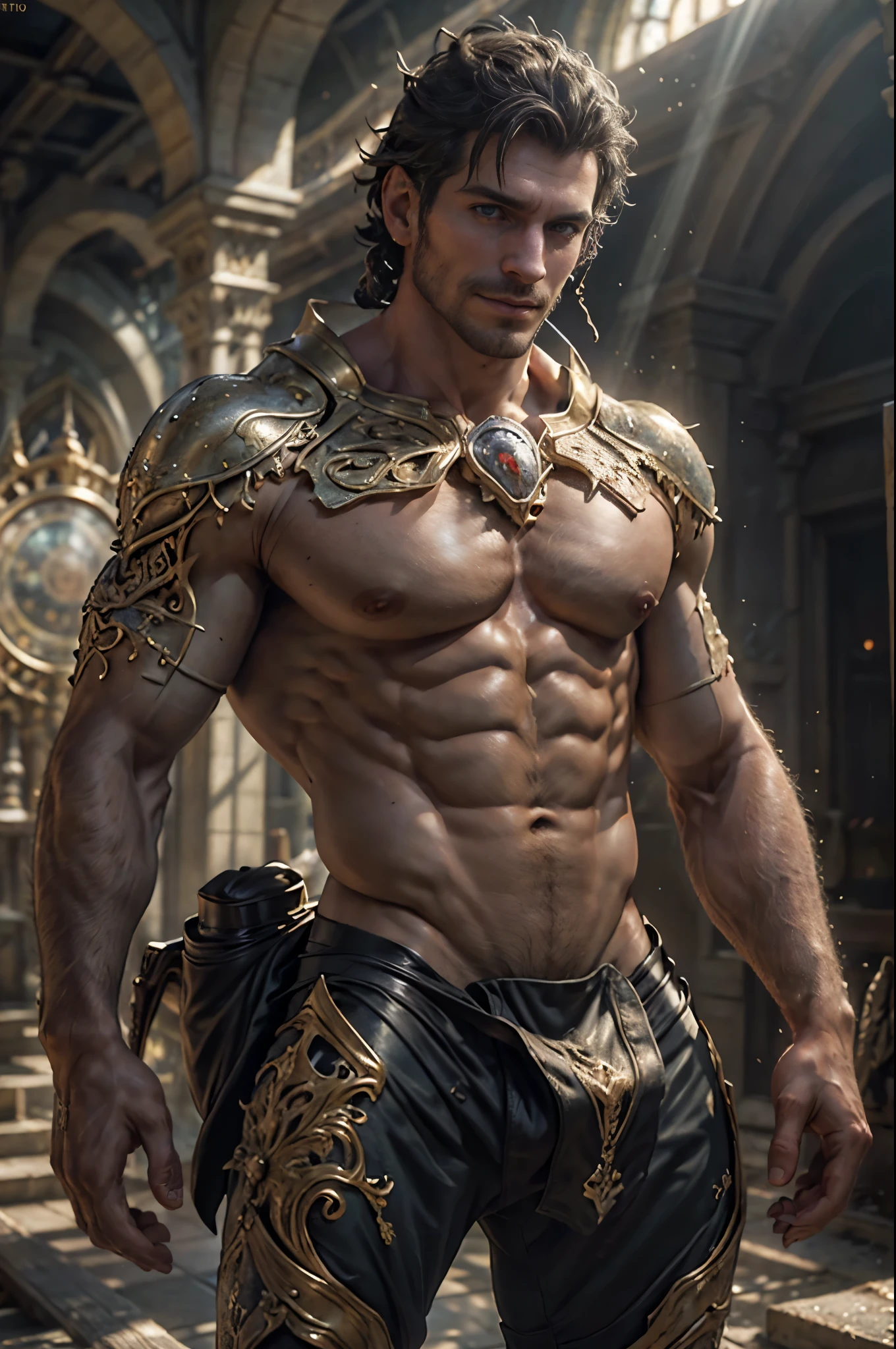 (masterpiece),((1 eyes)) 1 man ́, 1 boy、((lewd full body))、((beautiful and muscular legs)), ((beauty body,)) top-quality、offcial art、great aesthetics:1.2)、best quality, ultra HD, 32K、(Fractal Art:1.3)、Colouring、more highdetailed ((I love the male)), soft smiling masculino e forte Smooth expression a smirk full body shot shot golden light looking at camera, in the background Seville, spain, highy detailed, ultra-realistic, details Intricate, painting-like (crafts), ((master part,best qualityer)), ((Cinematic light)), hyper realistic, fearsome, ダークファンタジー, epic realistic,artistry, (HDR:1.5), hyper detailled, (Artee station:1.5), cinemactic, warm lights, Efeito de Luz, dramatic light, (details Intricate:1.1), complex background, (Greg Rutkowski:0.8),