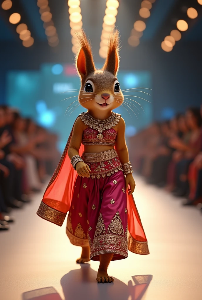 A beautiful squirre wearing indian sharara cloth walking down the runaway at a fashion show
