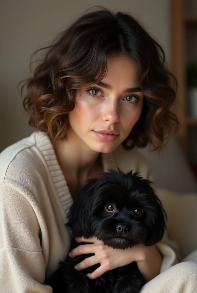 Black Shih Tzu on the lap of a white woman with short curly hair with dark brown color, the ends of the hair are highlighted and the eyes are also dark brown without bangs