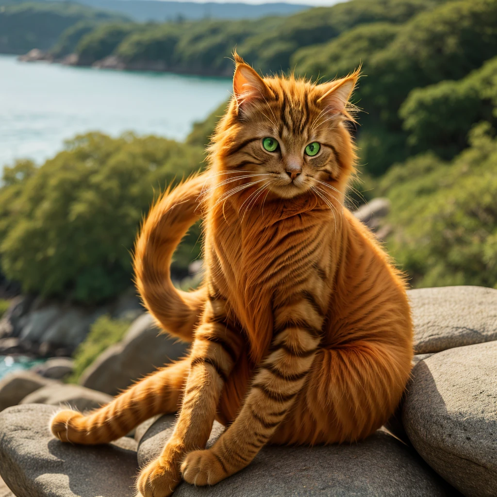 Hairy cat boy, green eyes, measures 1.58, orange skin with dark orange spots, sitting on a rock, Kemono style.