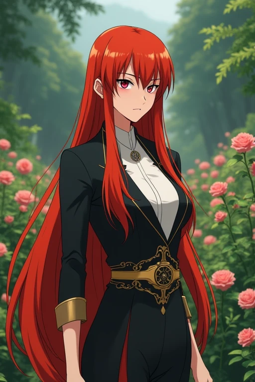 Create a live-action depiction of a gender-swapped Kurama from Yu Yu Hakusho, represented as a real human woman. She has a tall, slender build with a larger chest, wearing a red and white modern outfit that takes inspiration from traditional Japanese clothing, emphasizing her elegance and grace. Her long, red hair is styled realistically and flows naturally down her back. She should have a serene, composed expression. The background should be a realistic, lush garden filled with detailed roses and greenery, reflecting her calm and collected nature.