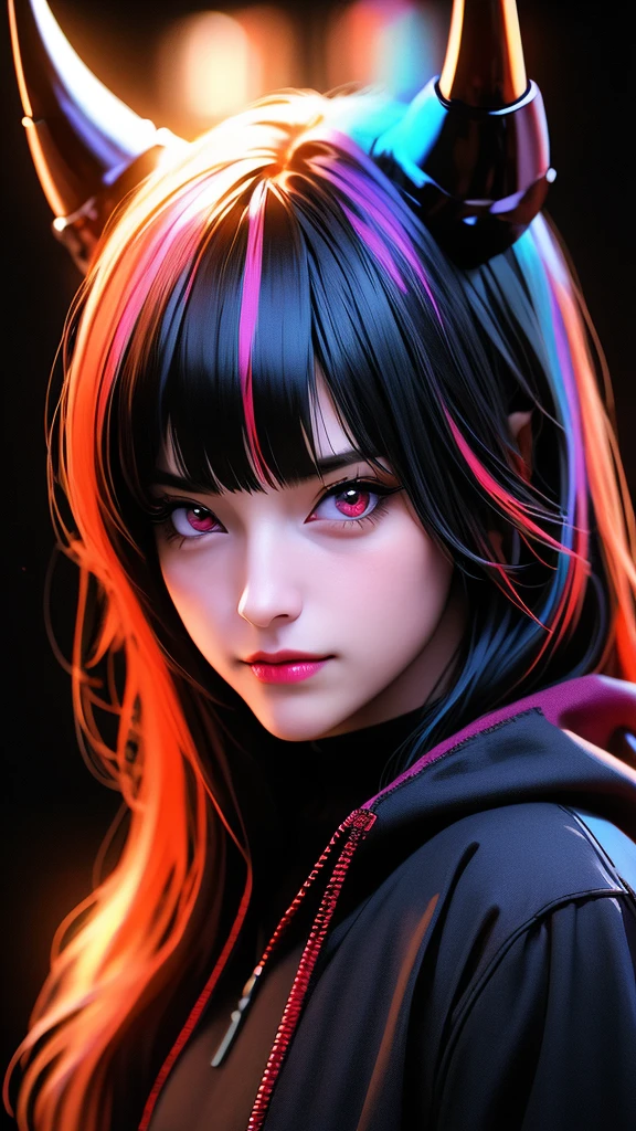 a shy smiling girl, black and multicolored hair, red eyes, black hoodie, bangs, horns, looking at viewer, long hair, simple black background, upper body, neon hearts, (best quality,4k,8k,highres,masterpiece:1.2),ultra-detailed,(realistic,photorealistic,photo-realistic:1.37),digital art, fantasy, portrait, vibrant colors, dramatic lighting