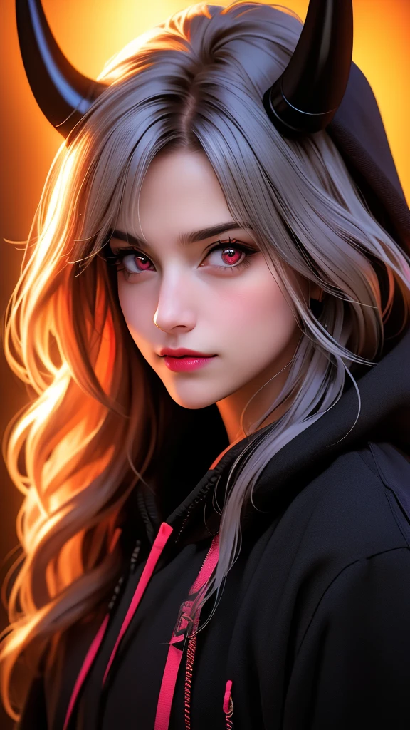 a shy smiling girl, black and multicolored hair, red eyes, black hoodie, bangs, horns, looking at viewer, long hair, simple black background, upper body, neon hearts, (best quality,4k,8k,highres,masterpiece:1.2),ultra-detailed,(realistic,photorealistic,photo-realistic:1.37),digital art, fantasy, portrait, vibrant colors, dramatic lighting