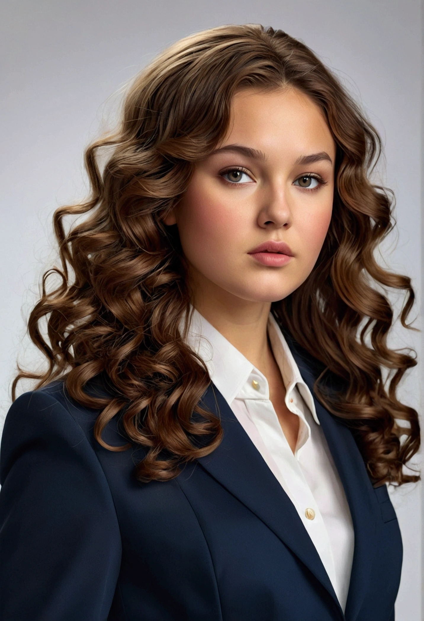 Make an ultra realistic image of a 1-inch brunette woman,70m high, with long, curly honey brown hair, your body is thin but a little chubby, her eyes are brown too she is 2, She's wearing a suit