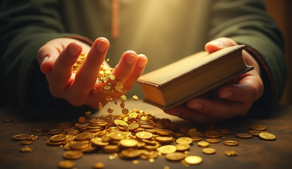 Create a hyper-realistic and mysterious image of a lone hand trying to hold a bunch of gold coins that slip between the fingers, while the other hand firmly holds a book of wisdom. The hand holding the gold must be leaking the coins, showing the difficulty of maintaining wealth without wisdom, while the book is held firmly, symbolizing the stability that knowledge brings. The background should be softly blurred, with a golden light that illuminates the hands and coins, creating a dramatic contrast between the volatility of gold and the solidity of the book.