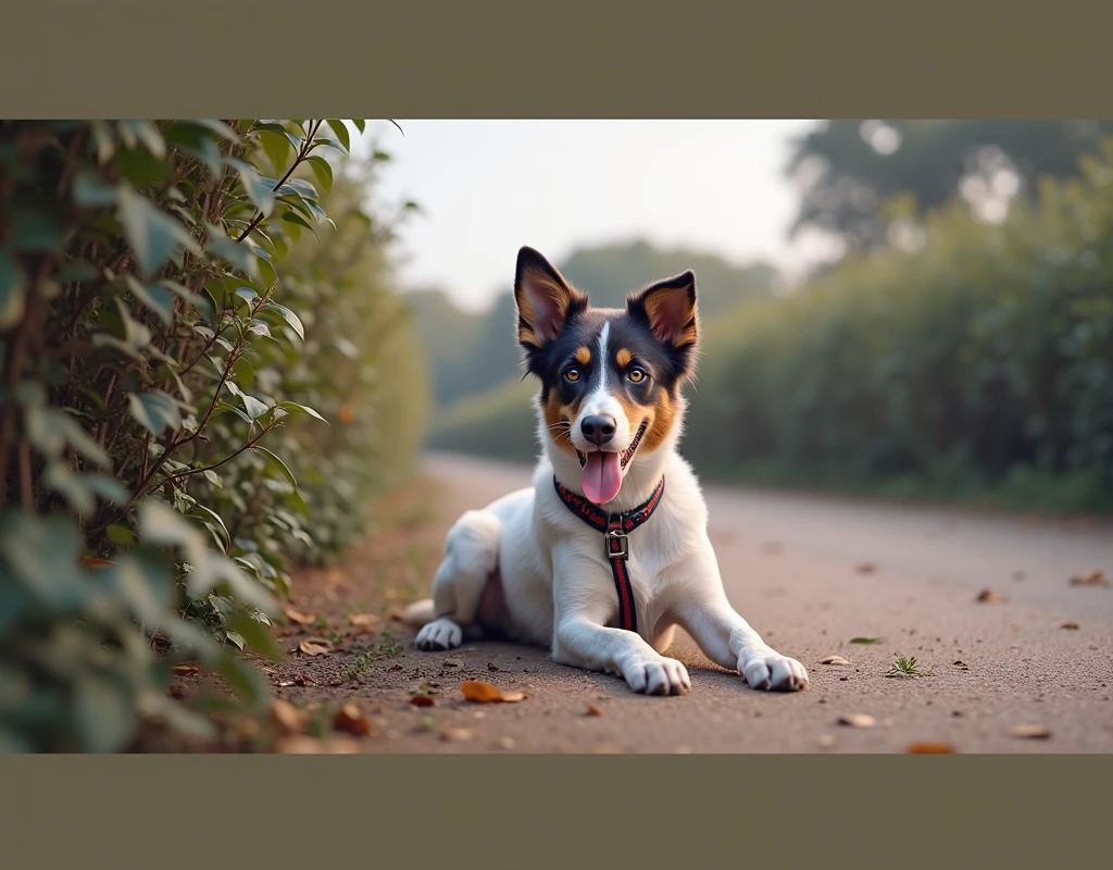 A border collie dog lying down at the extreme right edge of the image, its tongue out, wearing a special running leash, dense vegetation surroundings, (best quality,4k,8k,highres,masterpiece:1.2),ultra-detailed,(realistic,photorealistic,photo-realistic:1.37),highly detailed dog, extremely detailed fur and eyes, beautiful detailed eyes,beautiful detailed nose,beautiful detailed lips,longeyelashes,depth of field, intricate foliage, lush greenery, warm lighting, natural colors